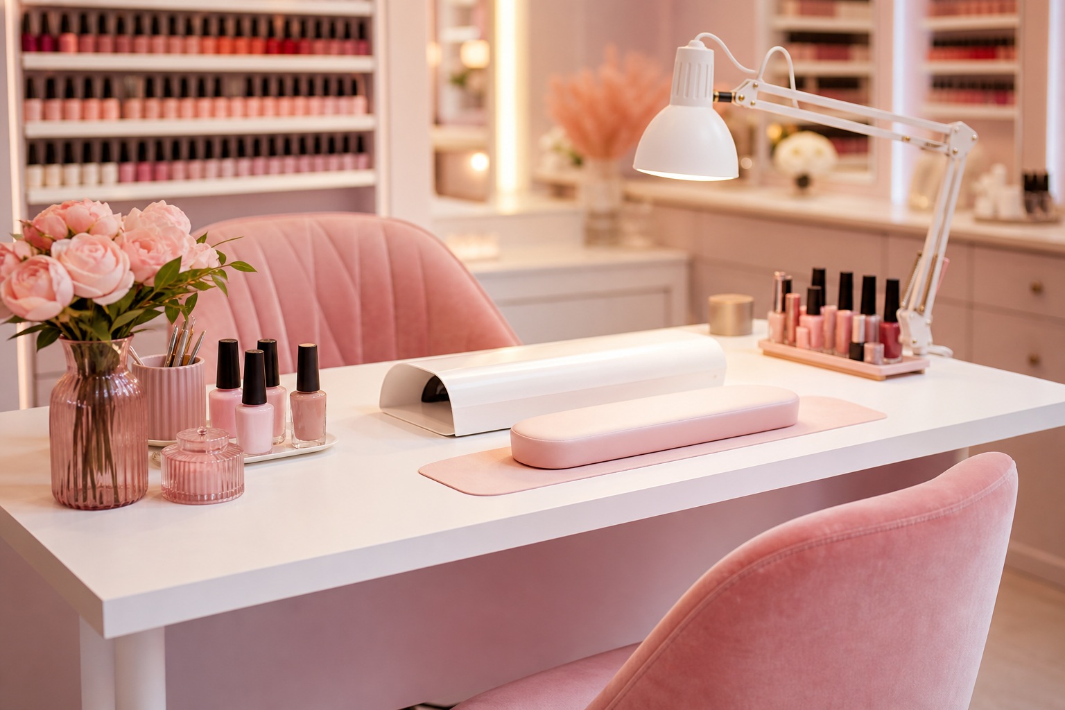 Εσωτερικός χώρος του projectefthnails με baby pink στοιχεία